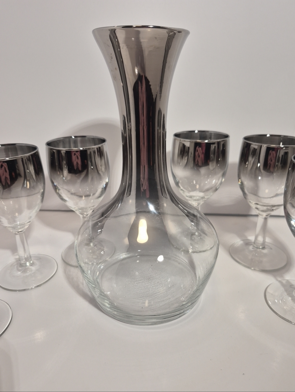 VTG  MCM Silver Fade Wine Decanter and 6 Small Goblets Mad Men 60s Bar Groovy